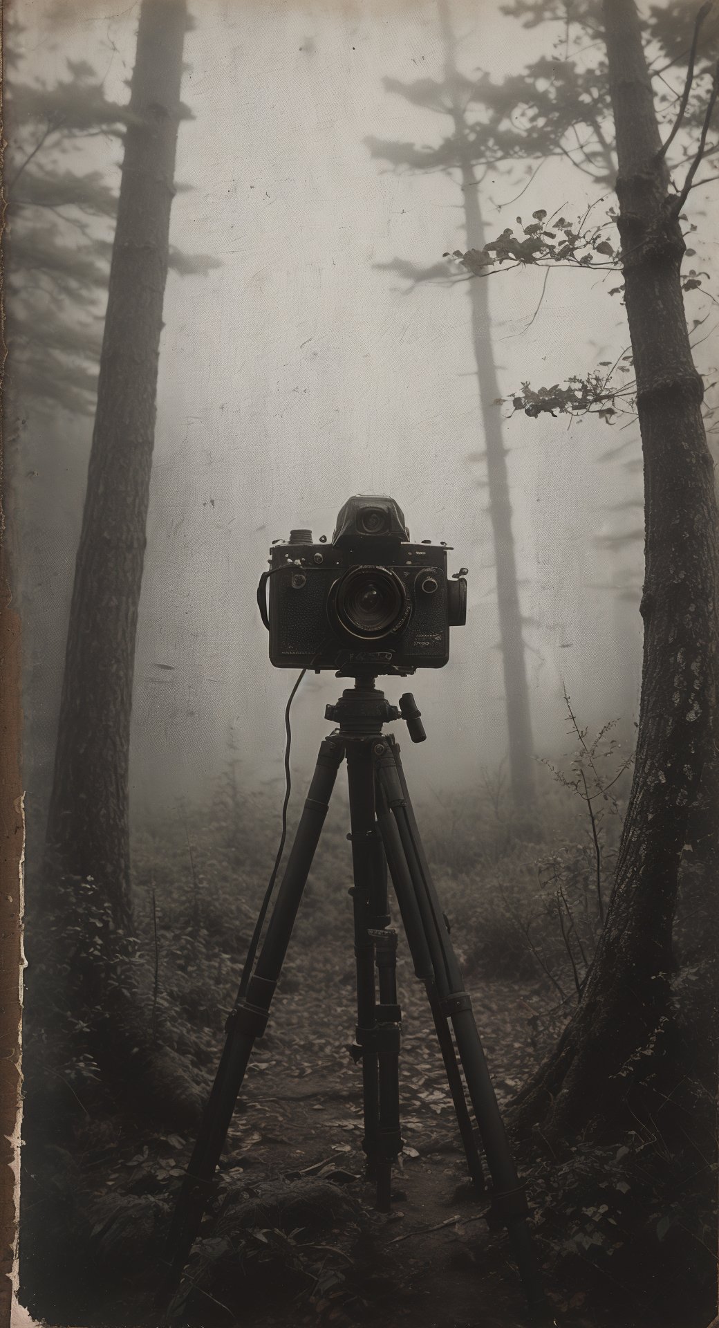 yeelowed old photo, damaged, light leaks, early 20th century, dust, scratches, award winning masterpiece, foggy, close-up of a camera on tripod, forest, obscured trees, outdoor photography, professional camera equipment, tranquil scene, ground level, no people, <lora:foggy_v1.0:0.6>, <lora:oldPhotoV1:0.9>, 