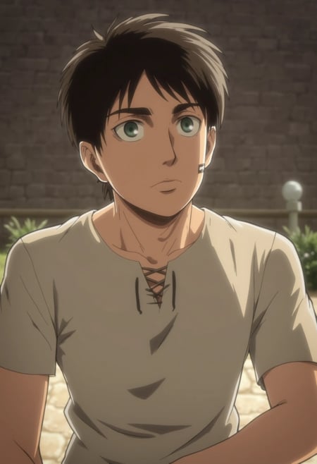 A young man with short, messy dark hair, wearing a simple outfit that reflects his early determination and resolve. His large, intense green eyes are filled with ambition, and a thin scar on his cheek hints at past struggles. His posture is alert and youthful, embodying the beginnings of his journey.