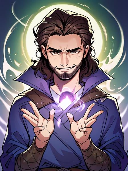 score_9, score_8_up, score_7_up, score_6_up, score_5_up, score_4_up, source_anime, BREAK1boy, bg3gale, smirk, upper body, facial hair, beard, brown hair, brown eyes, [blue|purple] robe, magic, wizard, looking at viewer <lora:corneo_gale:0.9> 