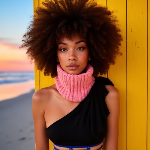 A young woman with light brown skin and a large afro hairstyle is looking directly at the viewer. She is wearing black eyeliner and has many freckles on her face. Her lips are slightly parted. She is wearing a black one-shoulder top that has a gathered detail at the shoulder. The background is a plain white., and her hair is dark brown and is wispy, with their gnarled branches stretching out towards the sky. The branches are silhouetted against the vibrant sunset. The sand is a light blue color.  The sky is a light blue fading to pink and purple at the horizon., A young woman with blonde hair and fair skin is standing in front of a yellow wooden wall. She is wearing a black bikini top and a pair of blue bikini bottoms with a cutout on the sides. She is holding a pink knitted neck warmer in front of her face, and her lips are a light pink color. The background is black.