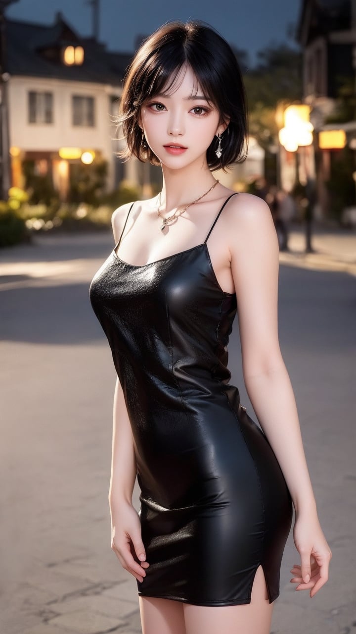 1girl,jewelry,earrings,solo,dress,black hair,black dress,looking at viewer,necklace,night,black eyes,short hair,collarbone,sleeveless dress,realistic,spaghetti strap,