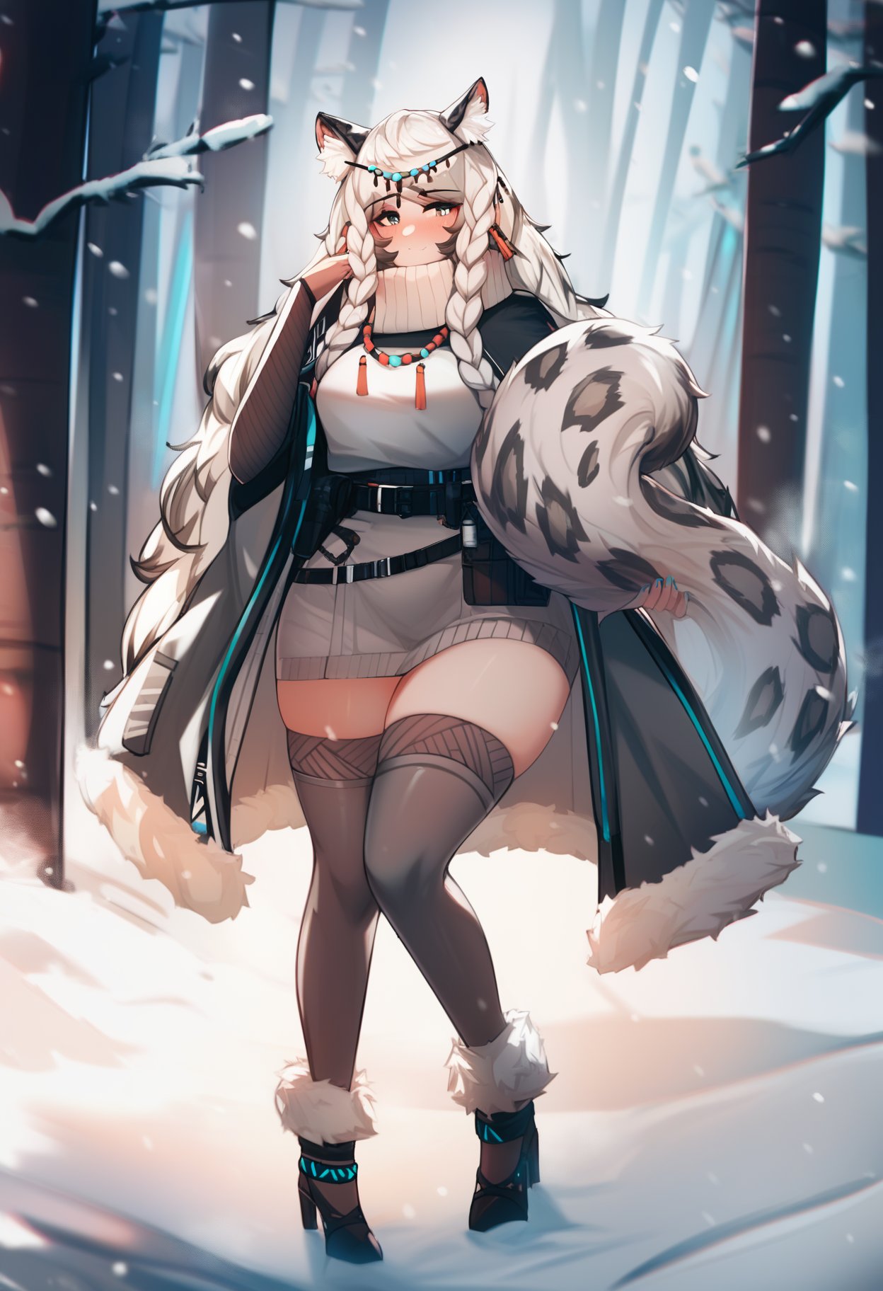 (by ehrrr, by 92m:0.7), best quality, masterpiece, score_9, score_8_up,1girl, pramanix \(arknights\), twin braid, belt pouch, silver hair, cat girl, cat ears, big fluffy cat tail, spotted tail, thighhighs, fur trim, grey fur coat, hips, full body,holding own tail, posing, outdoors, winter, abstract background