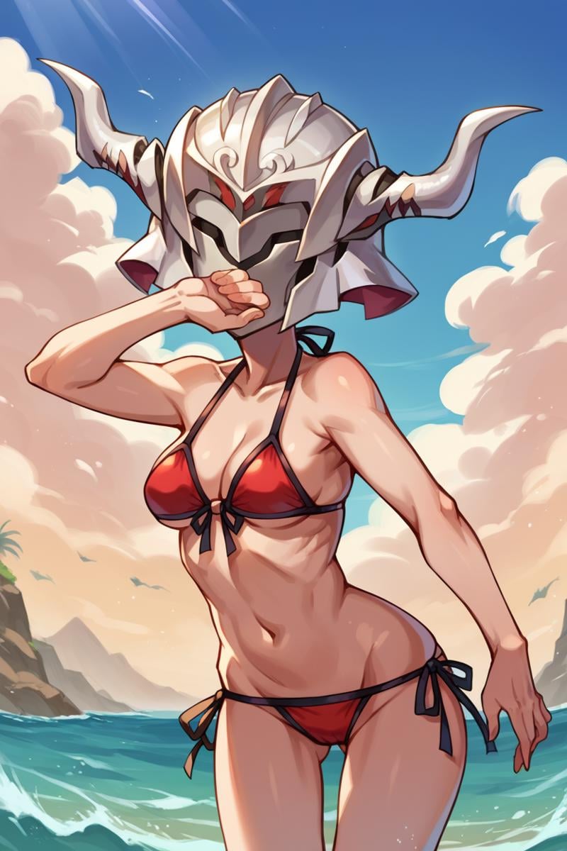 score_9, score_8_up, score_7_up, score_6_up, source_anime, BREAK solo, <lora:mordred-pdxl-nvwls-v1-000005:1> helmetMord, silver horned helmet, armor, covered face, bare shoulders, bare arms, medium breasts, red bikini, side-tie bikini bottom, beach