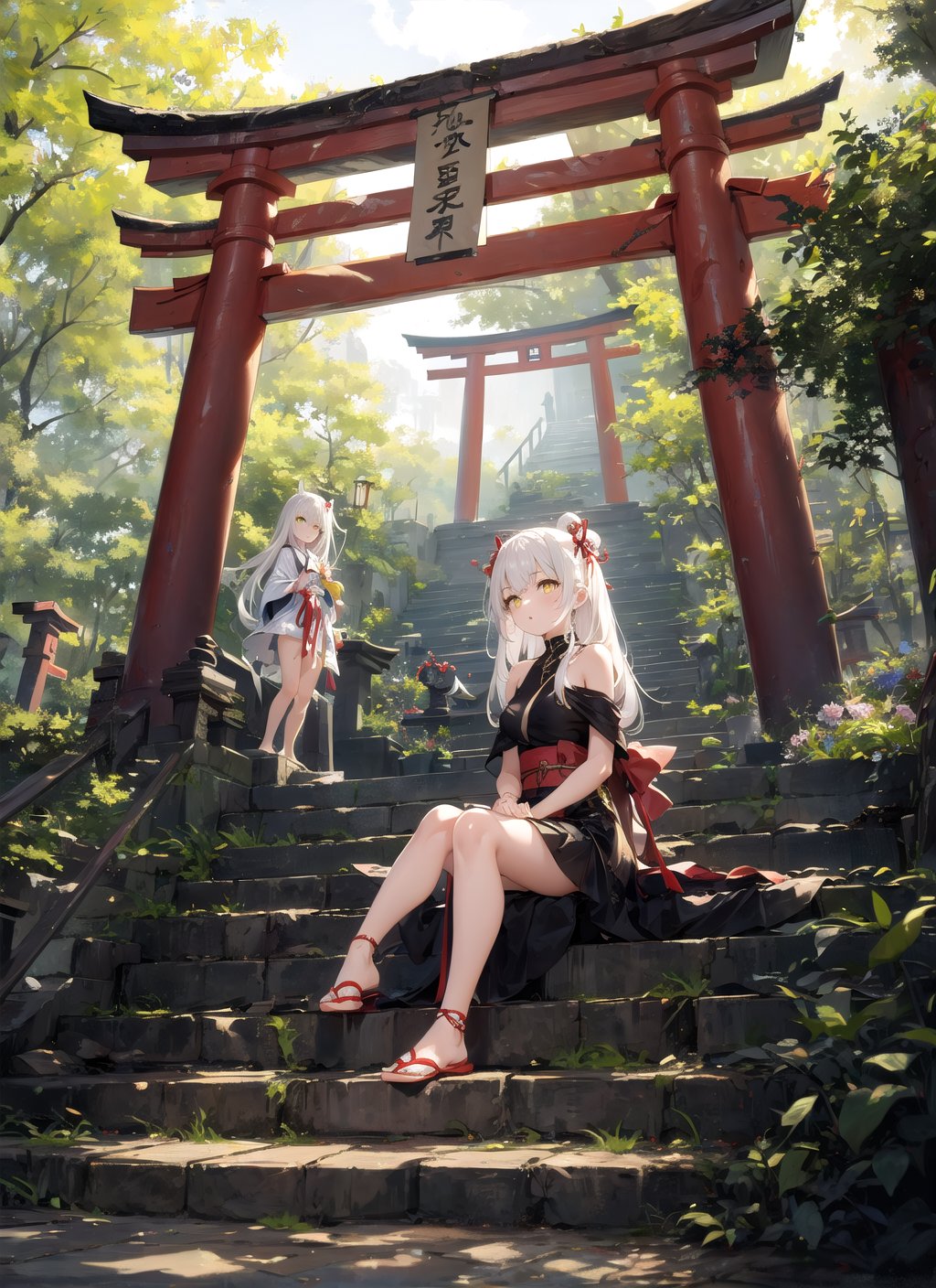 masterpiece, best quality, 2girls, yellow eyes, long hair, white hair, tree, stairs, torii, sitting,