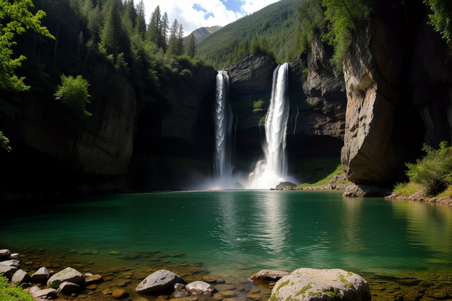 beautiful mountain lake with waterfall (hdr)