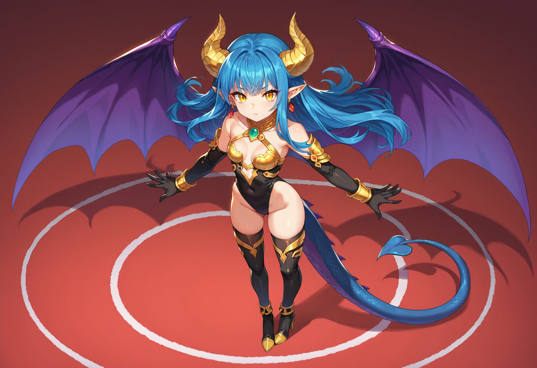 score_9, score_8_up, score_7_up, score_6_up, score_5_up, score_4_up, source anime,dragon girl, 1girl, tail, long hair, pointy ears, wings, horns, blue hair, yellow eyes, looking at viewer, boots, solo, shiny clothes, from above, high heel boots, earrings, gloves, jewelry, full body, thighhighs, thigh boots, bangs