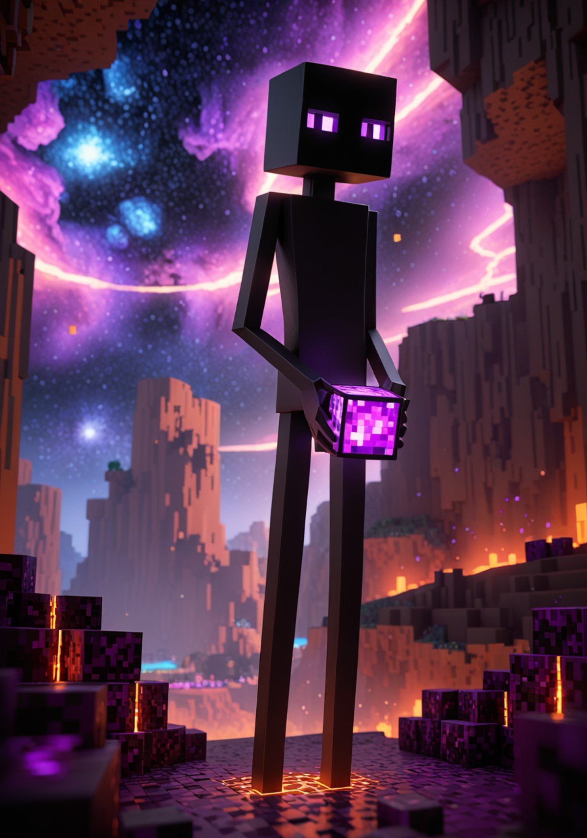 enderman, black body, portrait, holding cube, thin legs, looking at viewer, mouthless BREAK, minecraft, RTX on, unreal engine, detailed background, detailed foreground, depth of field, ambient silhouette, backlighting, the nether \(minecraft\), cliff, rock, space, nebula