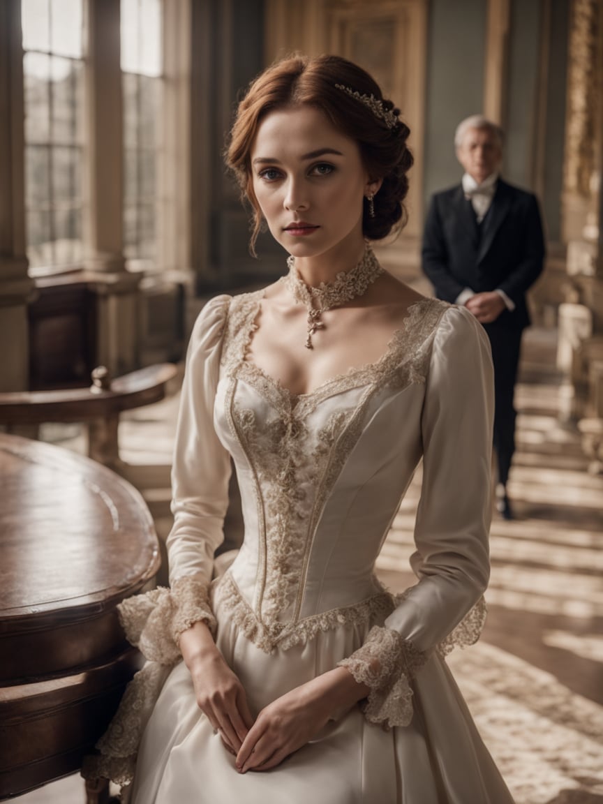 cinematic film still beautiful woman, (victorian dress), <lora:xl_victorian_dress-1.0:0.8>, full body, manor house . shallow depth of field, vignette, highly detailed, high budget, bokeh, cinemascope, moody, epic, gorgeous, film grain, grainy