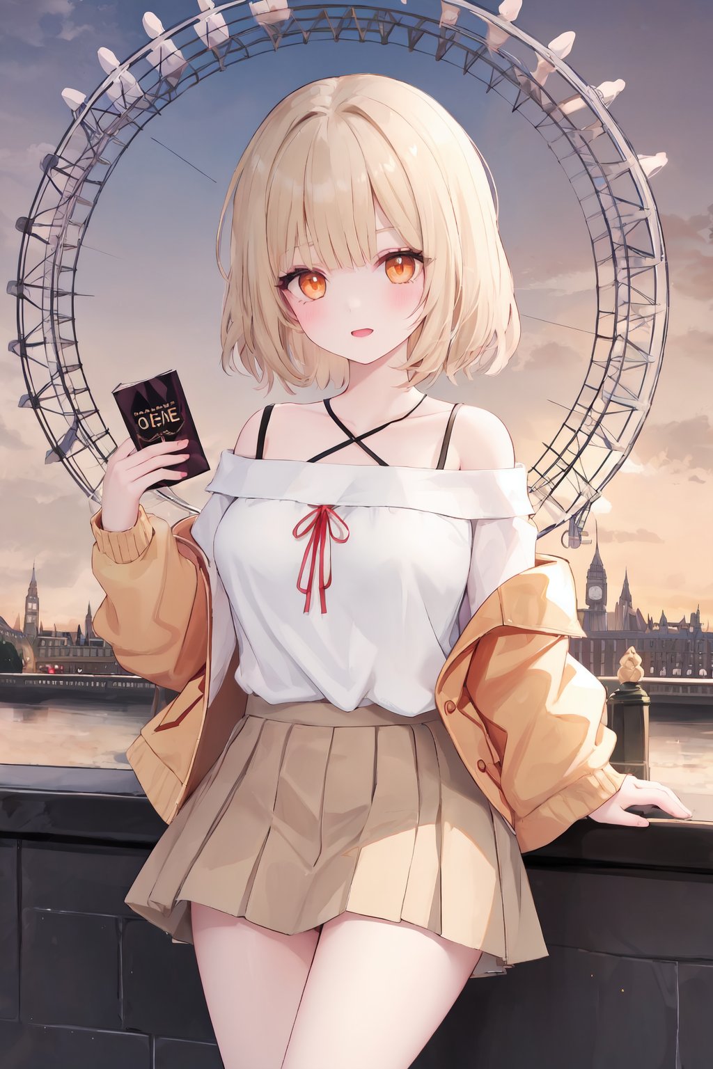 1 girl,beige hair,orange eyes,oversized shirt,off_shoulder,beige short skirt,London Eye,high quality,masterpiece,