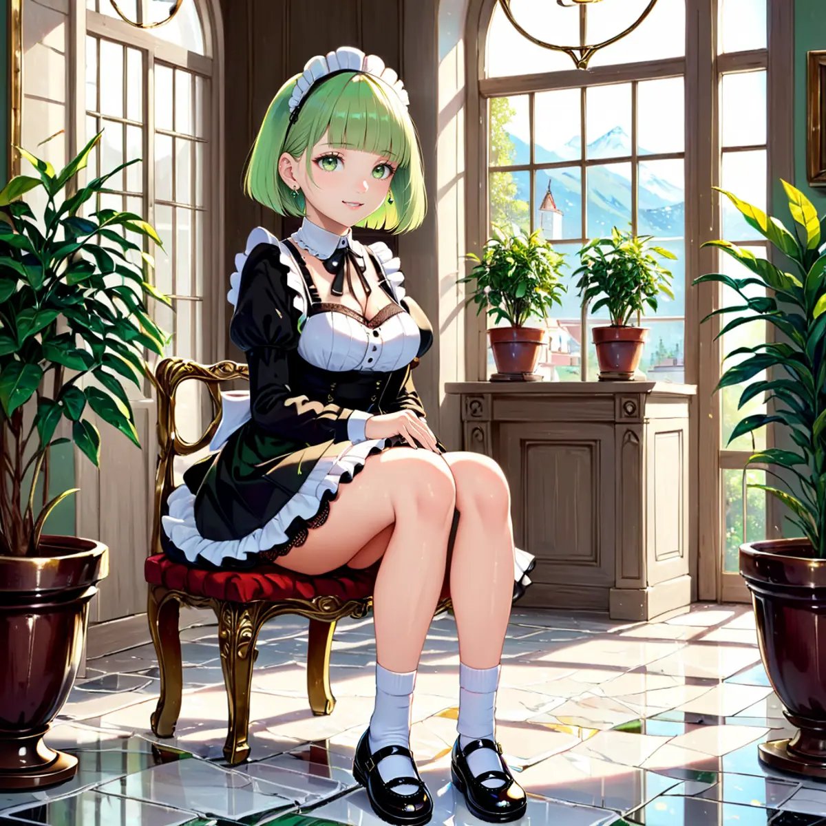 (masterpiece, best quality, highest quality, raytracing, HDR, realistic:1.4)BREAK maid outfit, short skirt with lace hemline, Mary Janes, ruffled socks, marble floor, potted plants, chandeliers, window, door, gold furnitureBREAK light green hair, green eyes, bob cut with blunt bangsBREAK (from side, crossed legs, full body:1.2) <lora:STFD_V2:0.7>