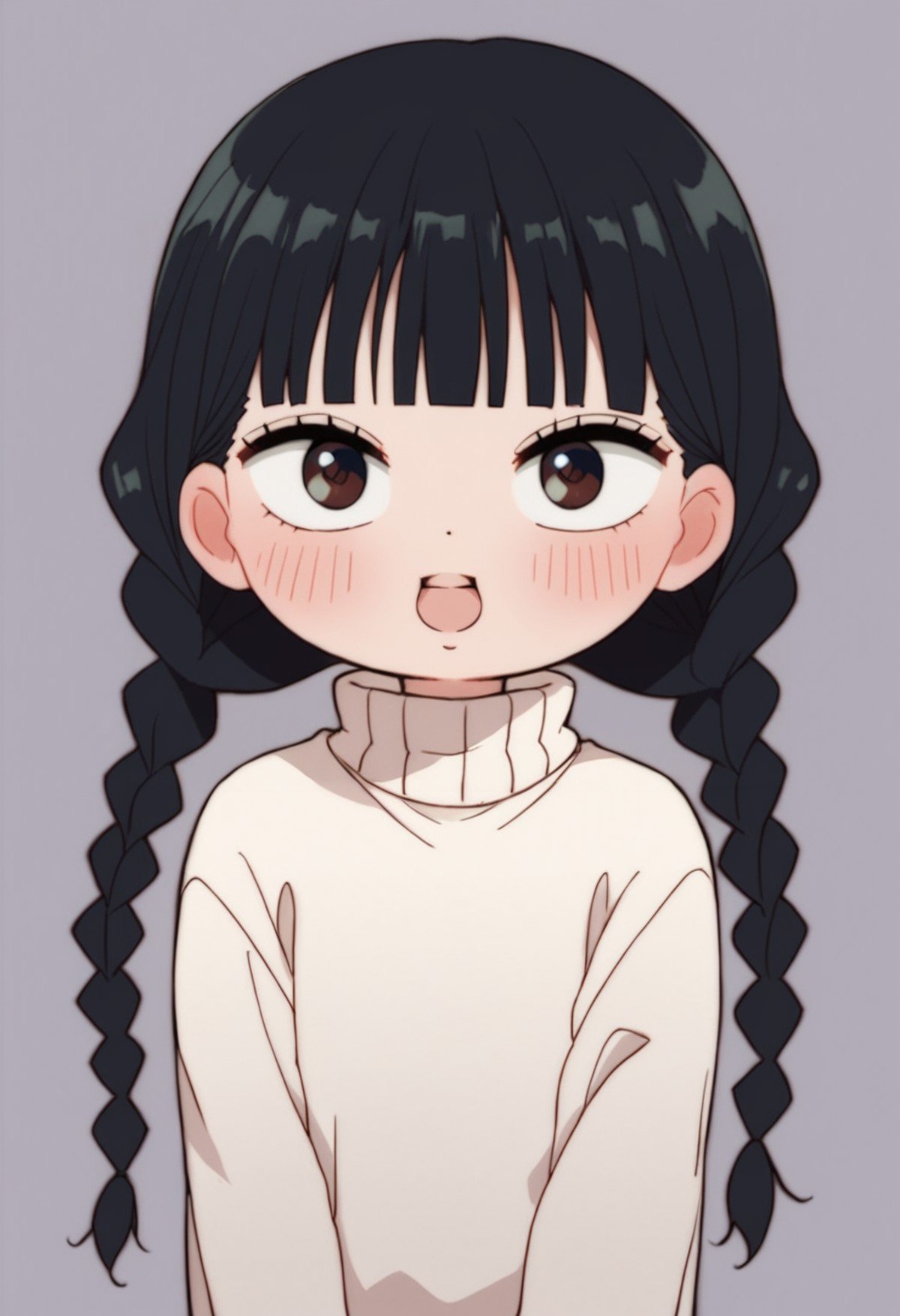 score_9, score_8_up, score_7_up, score_6_up, source_anime,rating_explecit,anime coloring, 1girl , solo, looking at viewer,    black hair <lora:KuronumaSawako:0.8> kuronuma sawako, turtleneck sweater, twin braids, chibi, open mouth, blush, 