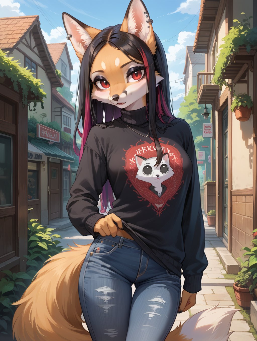 score_9, score_8_up, score_7_up,source_anime,anthro, furry, female, detailed textured fur, fur tufts, fluffy, slim, slender, cute, small, detailed sexy eyes, solo, SFW, fox, sweater, baggy denim jeans, long hair, multicolored hair, streaked hair, absurdres, highres, goth, heavy eyeliner, heavy eye shadow, breasts,