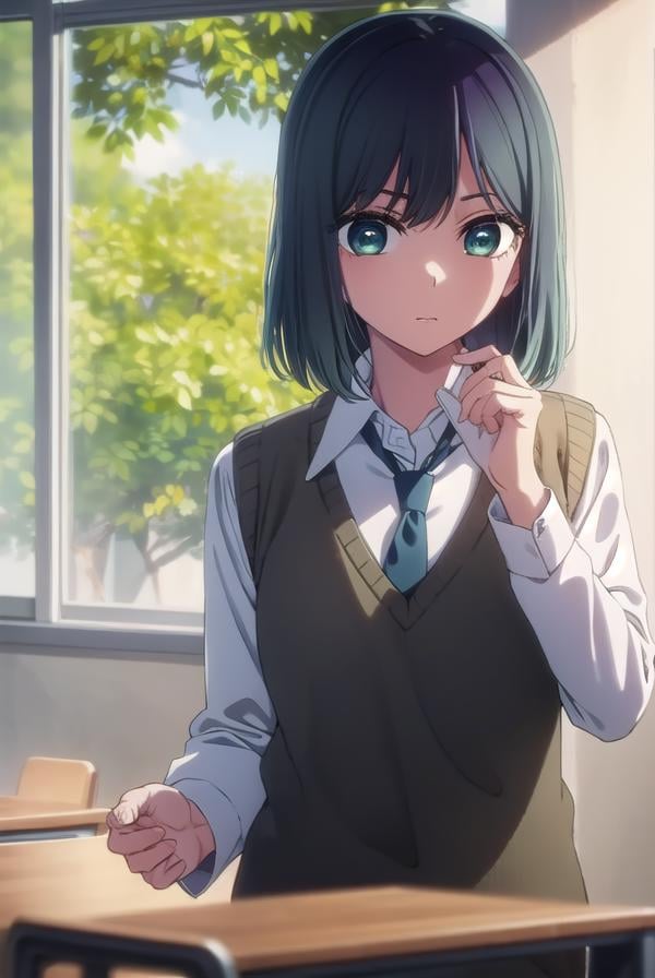 akanekurokawa, <lora:akane kurokawa s1-lora-nochekaiser:1>,akane kurokawa, bangs, (green eyes:1.3), blue hair, medium hair, dark blue hair,BREAK shirt, school uniform, white shirt, necktie, collared shirt, vest, blue necktie,BREAK indoors, classroom,BREAK looking at viewer, (cowboy shot:1.5),BREAK <lyco:GoodHands-beta2:1>, (masterpiece:1.2), best quality, high resolution, unity 8k wallpaper, (illustration:0.8), (beautiful detailed eyes:1.6), extremely detailed face, perfect lighting, extremely detailed CG, (perfect hands, perfect anatomy),