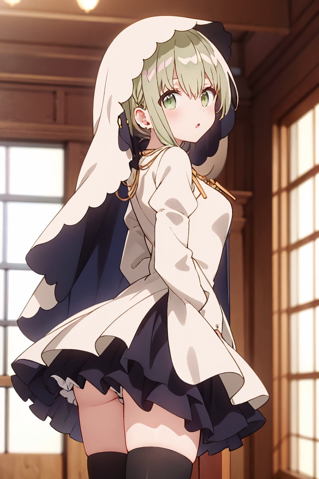 1girl, cecilia \(shiro seijo to kuro bokushi\), anime screencap, solo, thighhighs, green eyes, black legwear, arms behind back, eyebrows visible through hair, blush, looking at viewer, long sleeves, green hair, black dress, blurry background, parted lips, hair between eyes, leaning forward, depth of field, jewelry, standing, window, very long hair, own hands together, veil, zettai ryouiki, looking back, :o, feet out of frame, indoors, frills, frilled dress, short dress, bent over, wide sleeves, hood up, blonde hair, sleeves past wrists, necklace, looking to the side, from side, layered dress, from behind, open mouth, sidelocks, white jacket, earrings, light particles, bound, white dress, own hands clasped, layered skirt, open clothes, pleated dress, black skirt<lora:cecilia_shiro_seijo_locon_v1:0.9>