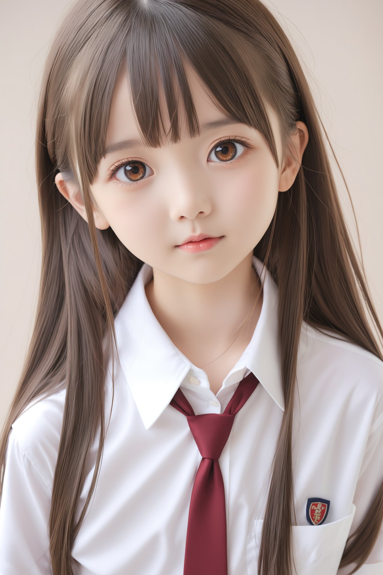 (masterpiece),(best quality),solo, 1girl, loli,necktie, shirt, looking at viewer, long hair, white shirt, simple background, collared shirt, brown eyes, brown hair, head tilt, upper body, closed mouth, red necktie, lips, school uniform, wing collar,