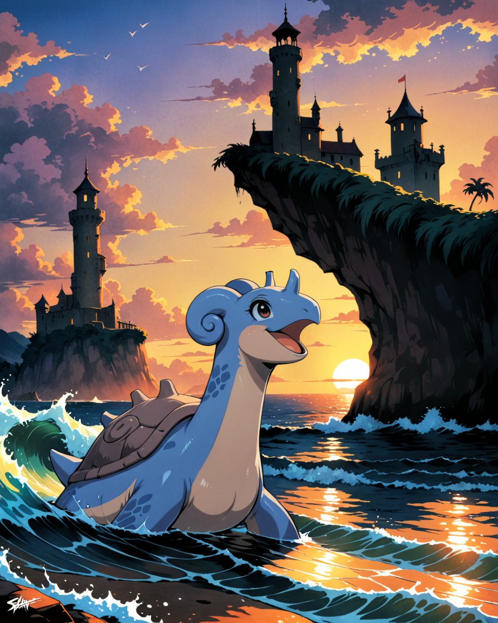 lapras on water, sea, ocean, outside, tower, plant, cloud, sunset, wave, open mouth, looking away, 1 horn, (cave, long neck:0.65), BREAK, by Jim Lee, by Gainax, by Satoshi Kon, detailed background, detailed foreground, depth of field, ambient silhouette, backlighting