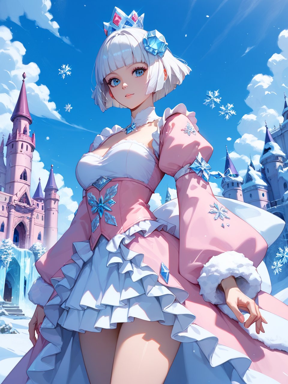 score_9,score_8_up,score_7_up,1girl,solo,cowboy shot,white hair,short hair,hime cut,Gorgeous beautiful looking pretty lady wearing ice crystal snow flakes pretty dress in front of a pink Castle,