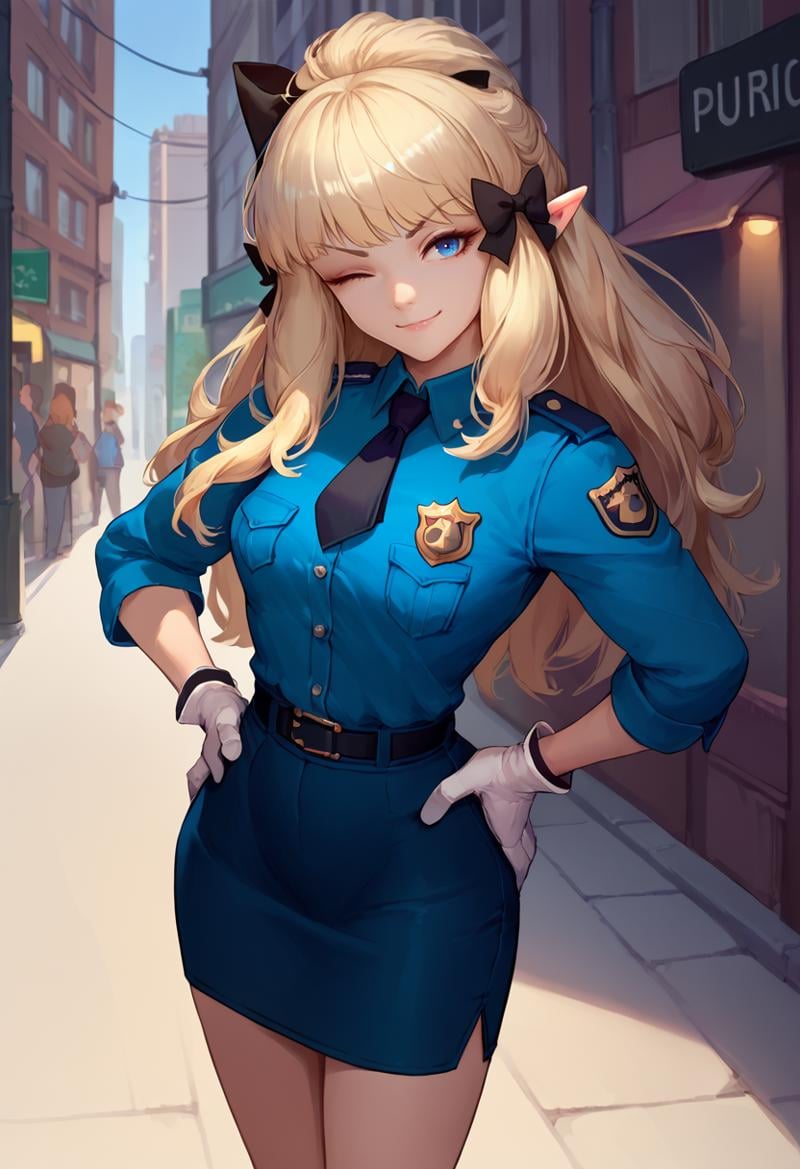 score_9, score_8_up, score_7_up, solo, 1girl, sarenastrum, smirk, looking at viewer, standing, hands on own hips, hair bow, black bow, pointy ears, one eye closed, police uniform, blue shirt, black necktie, badge, white gloves, blue skirt, pencil skirt, outdoors, city street <lora:princessconnect_saren_ponyXL:1>