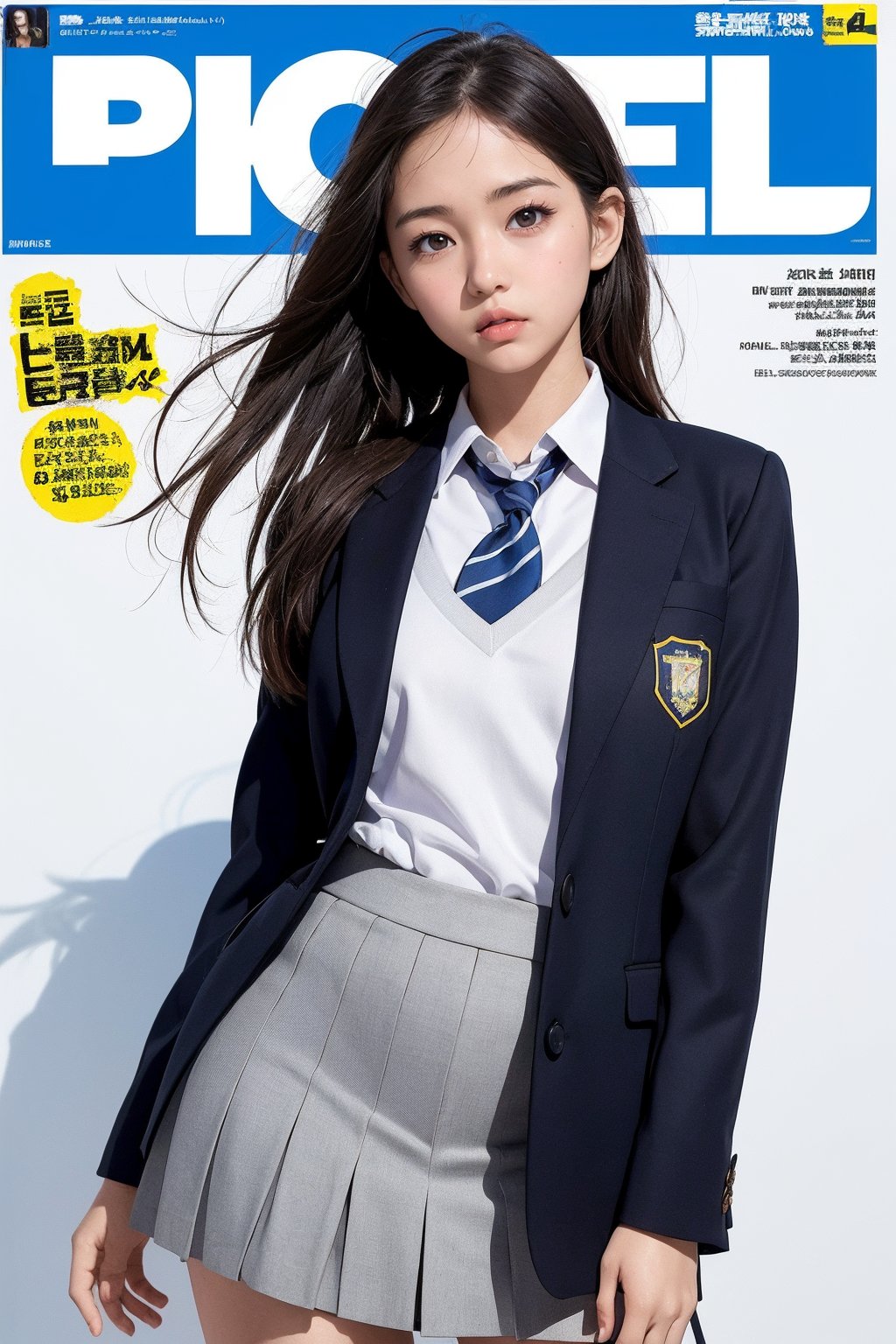 girl, (photorealistic:1.4), wide shot, posing, magazine cover design, school uniform