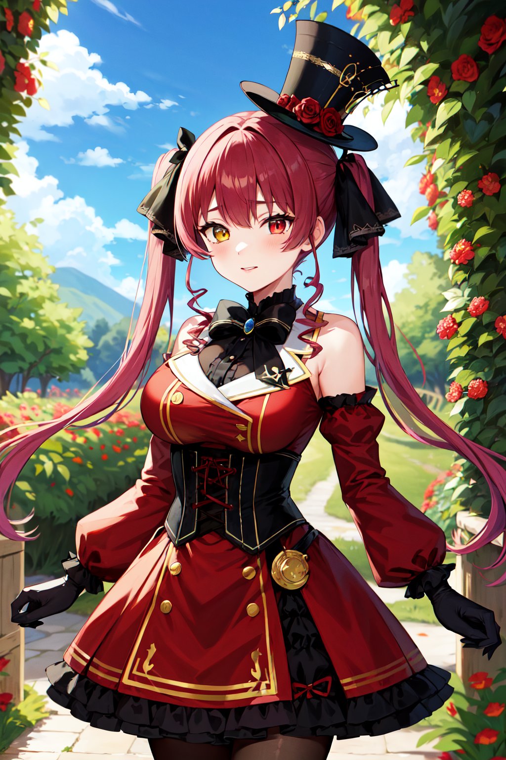 masterpiece, best quality, highres, ddmarine, twintails, drill hair, top hat, hat flower, heterochromia, black bowtie, underbust, bare shoulders, frills, black ribbon, red dress, detached sleeves, red sleeves, long sleeves, corset, black gloves, pantyhose, <lora:houshou_marine_v1:0.7>, standing, cowboy shot, garden,