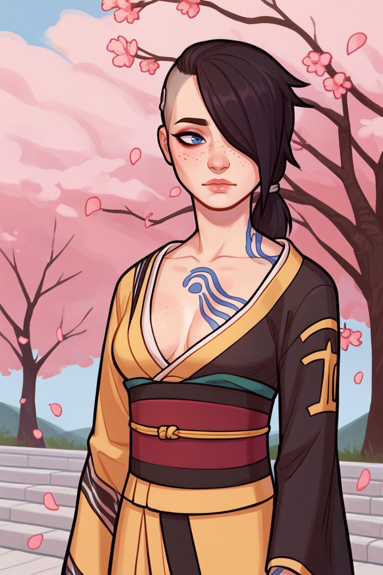 score_9, score_8_up, score_7_up, BREAK, 1girl, solo, breasts, <lora:angelbl-guy-PONYv1:.9>, angelbl, tattoo, freckles, makeup, hair over one eye, asymmetrical hair, ponytail, kimono, outdoors, cherry blossoms, 