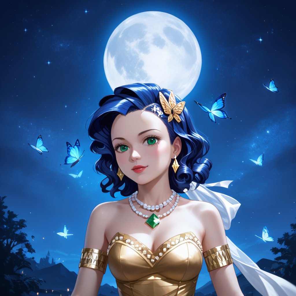 (,1girl, ,best quality, ),,masterpiece(,1girl,night, starry sky, milky way,outdoors, full moon,  night sky, darkness,  world of darkness, , ) ,ultra realistic 8k cg,   clean, masterpiece,     (( , )),, , , prestige, luxury, jewelry, diamond, gold, pearl, gem, sapphire, ruby, emerald, intricate detail, delicate pattern, charming, alluring, seductive, erotic, enchanting, hair ornament, necklace, earrings, bracelet, armlet,halo((, )), (), butterfly,