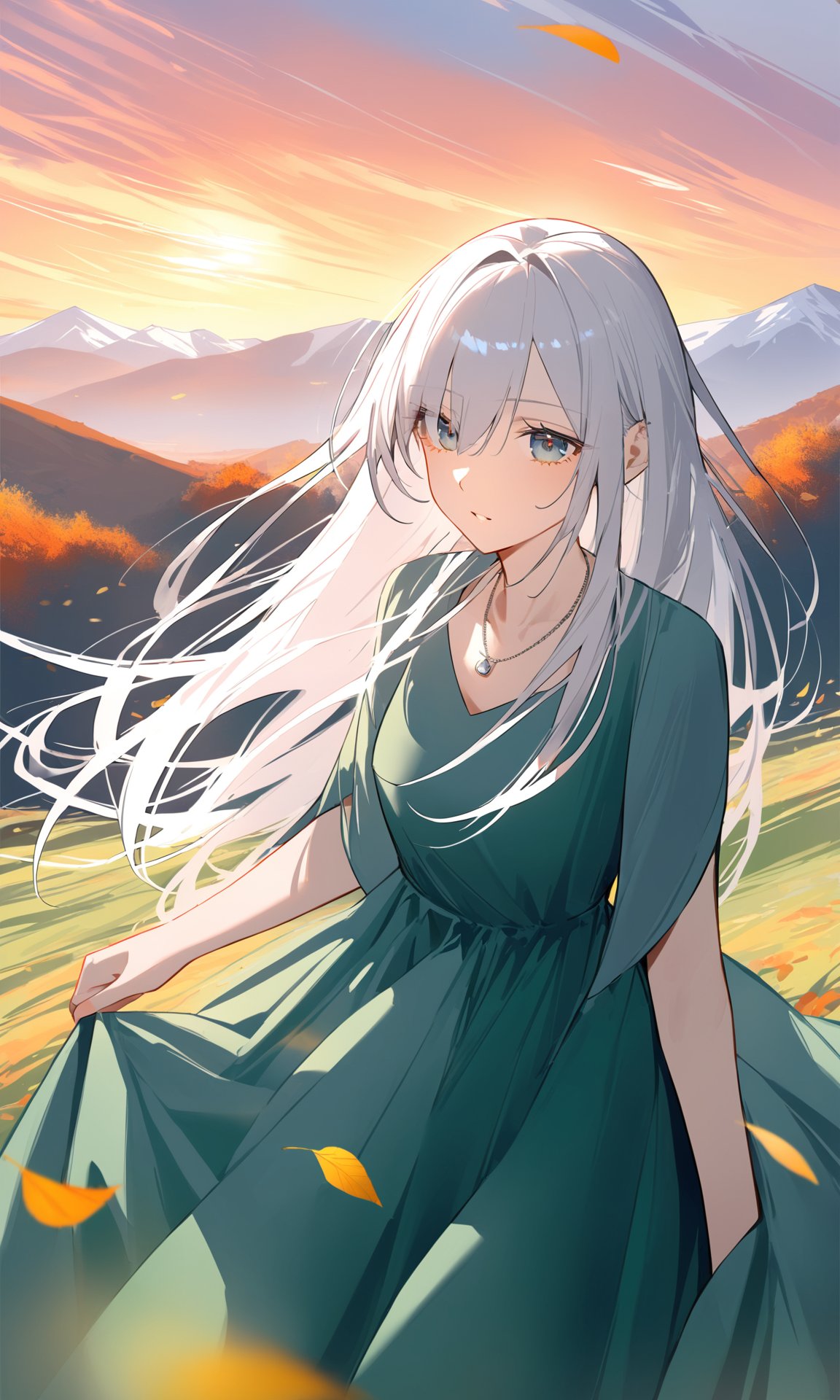 best quality,{beautiful},mountain,green meadow,morning,autumn,a pretty woman,solo,dress,beautiful silver hair0,{beautiful eyes},long hair,necklace,wind effect,