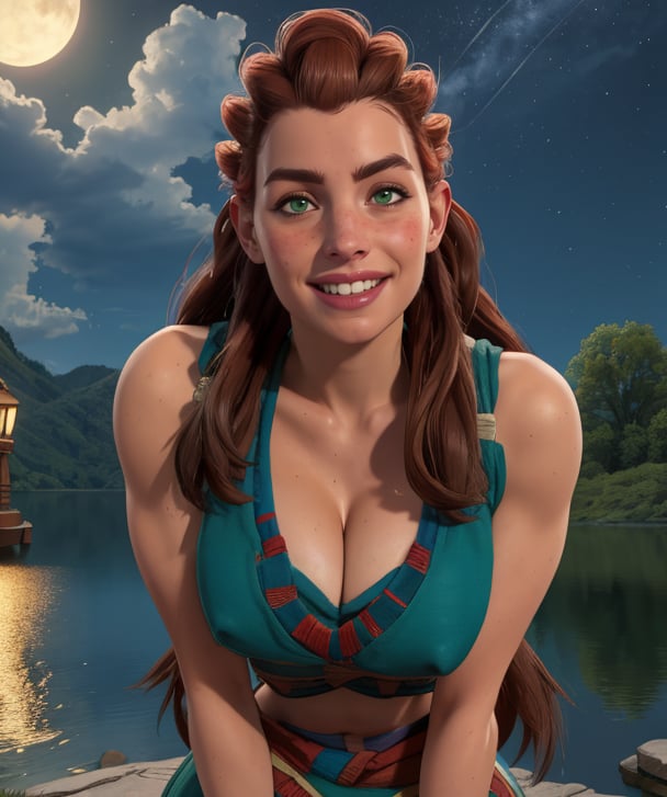 aloy,green eyes,red hair,long hair,smile,tribal,dress,cleavage,midriff,navel,sleeveless,leaning forward,covered nipples,night,lake,(insanely detailed, masterpiece, best quality),solo,<lora:aloy-10HFW-ALT:0.8>,