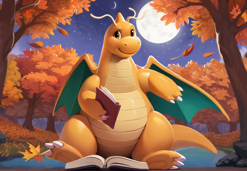 masterpiece,best quality,dragonite,Blue-green wings inside,wing membrane,The striped belly is cream-colored,small nostrils,outdoor,There are two long and thin antennae and a small horn at the top of its head,(3 toes:1.3),full body,naughty_face,full_shot,(open_book),(autumn maple forest:1.3),(very few fallen leaves),(path),lake,(moon),(night_sky:1.1),from_below,looking_at_viewer,smirk,on stomach,reading book