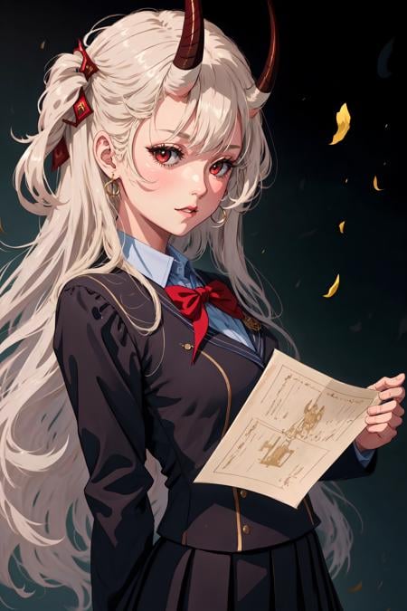 masterpiece, best quality, ultra high res, beautiful, visually stunning, elegant, incredible details, award-winning art,  <lora:0n1 - RedOni:0.7>, 0n1, oni horns, oni, <lora:beautifulDetailedEyes_v10:0.5>, 1girl, school uniform, 