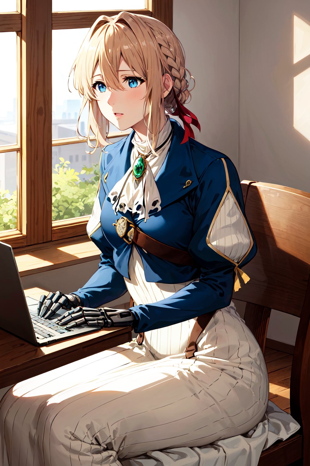 masterpiece, best quality, highres, violet evergarden, braid, hair ribbon, red ribbon, jewelry, white ascot, brooch, blue jacket, long sleeves, mechanical hands, white dress, long dress, <lora:violet_evergarden_v1:0.7>, indoors, window, sitting, desk, laptop, 