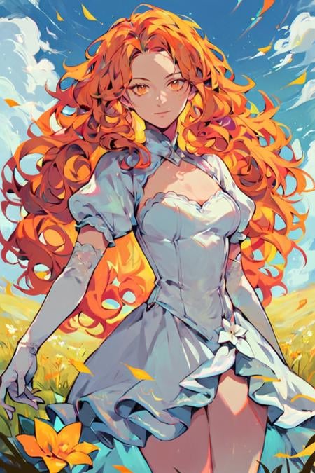 score_9, score_8_up, score_7_up, rating_safe, rainbow style, vibrant colors, vivid colors, 1girl, solo, long hair, curly hair, wavy hair, orange hair, orange eyes, looking at viewer, breasts, dress, white dress, puffy sleeves, puffy short sleeves, short sleeves, gloves, elbow gloves, white gloves, cowboy shot, closed mouth, standing, outdoors, field, flower, grass, plant, sky <lora:Rainbow Style SDXL_LoRA_Pony Diffusion V6 XL:0.8>