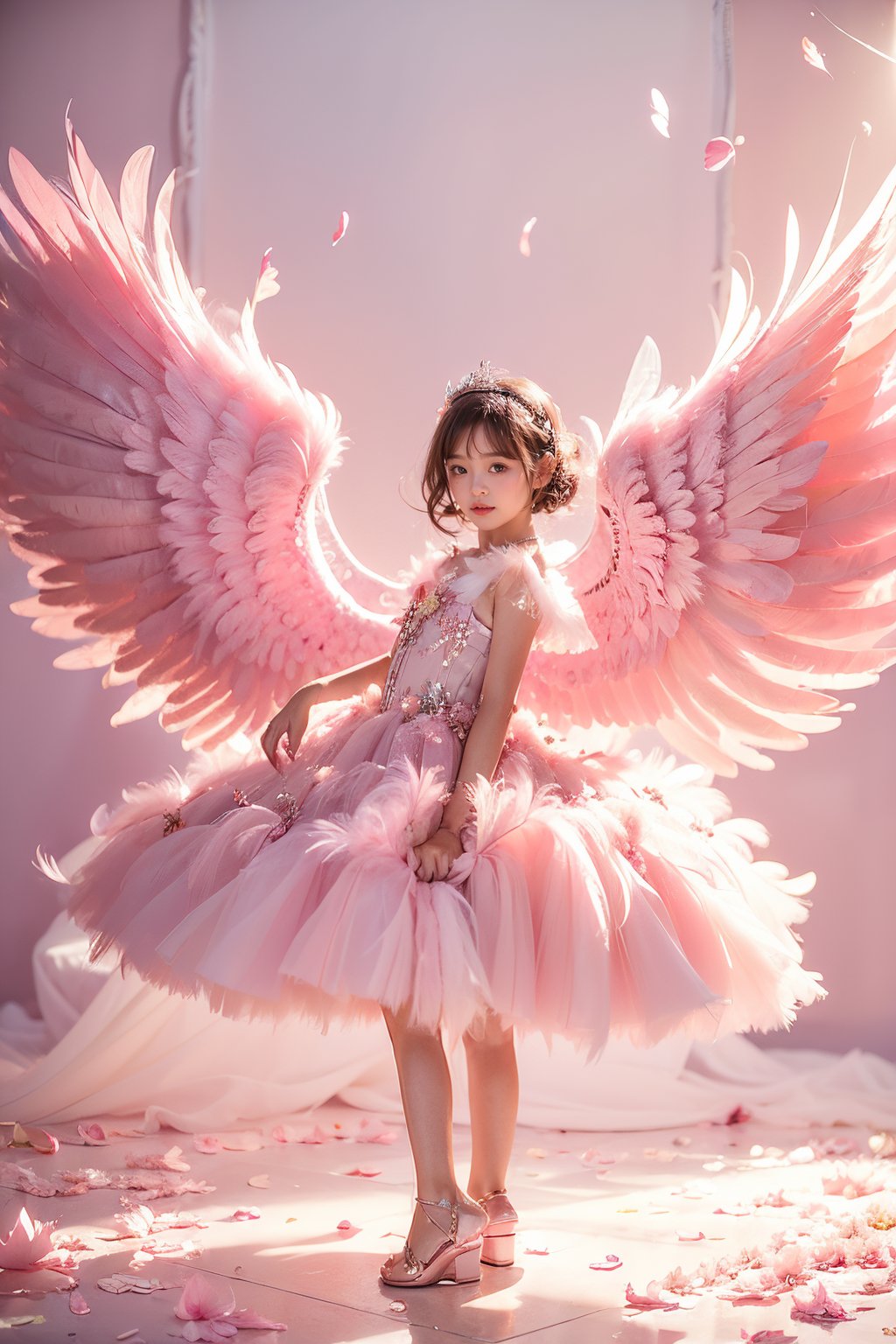 (5-year-old girl:1.4),wings,dress,solo,brown hair,feathered wings,feathers,pink dress,angel wings,white dress,full body,looking at viewer,flower,hair ornament,short hair,petals,hair flower,jewelry,standing,white wings,brown eyes,high heels,pink crystal shoes,<lora:粉色翅膀_20240415103549-000008:0.8>,