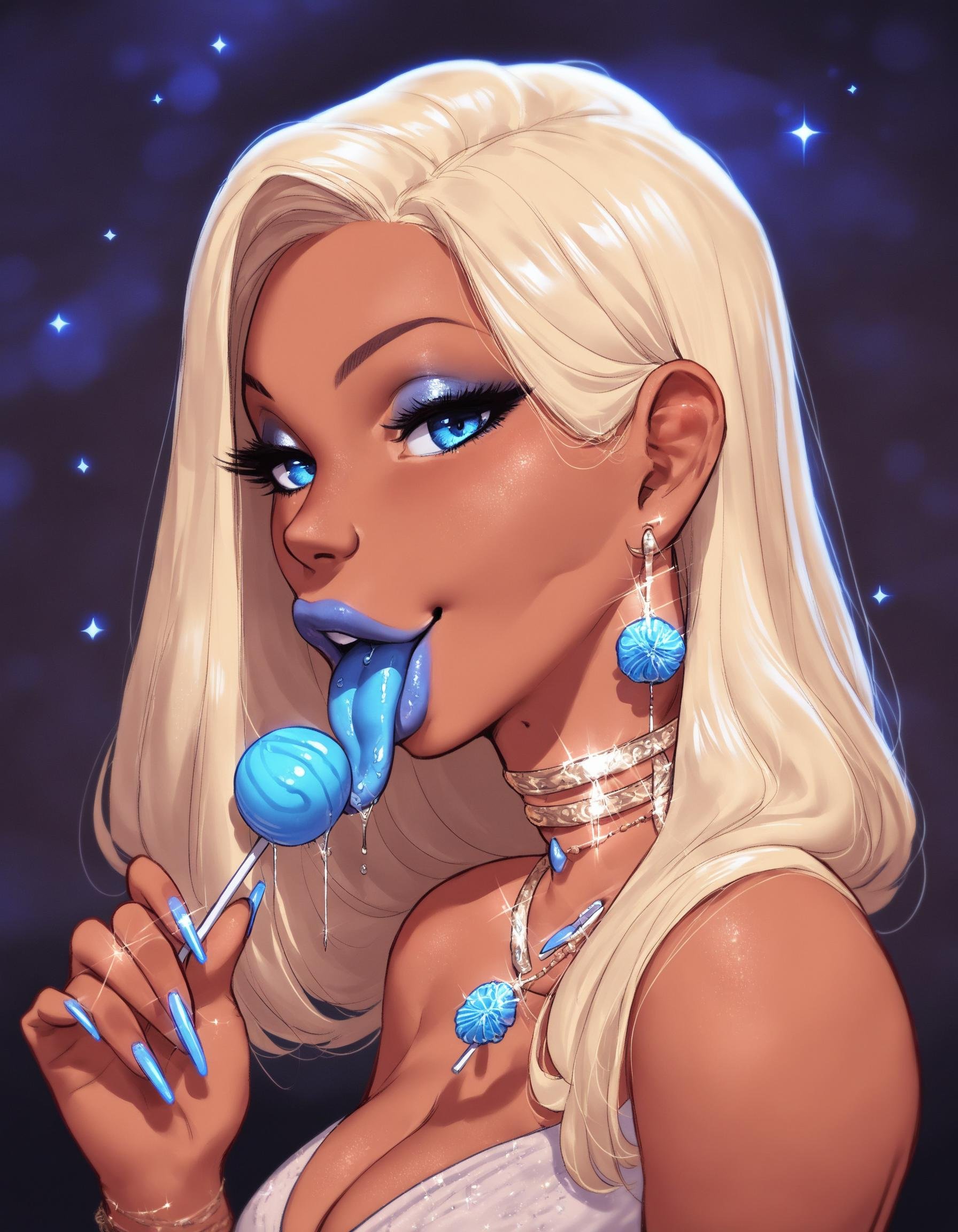 1girl, female, solo,blonde hair, blue eyes, jewelry, makeup, tan skin, side view, upper body, looking at viewer, eye contact,blue lollipop, holding, tongue, tongue out, blue tongue, long nails, saliva, lips, cleavage, sultry look, flirting, smirk, dark purple background,BREAKscore_9, score_8_up, score_7_up, score_6_up, source_cartoon, rating_safe <lora:fellatrix_style:0.8>