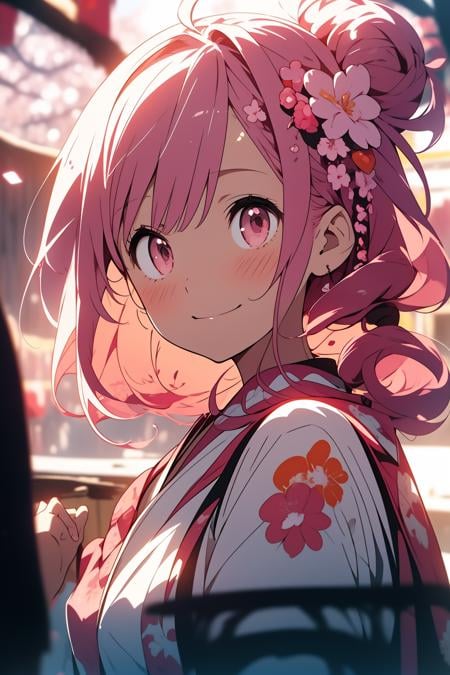 <lora:nijipretty_20230624235607:1.4>,1girl, solo, pink hair, looking at viewer, braid, japanese clothes, kimono, smile, long hair, upper body, hair ornament, blush, pink eyes, cherry blossoms, hair over shoulder, floral print, bangs, closed mouth, blurry, hair between eyes, outdoors, blurry background, hand up, hair bobbles, white kimono, from side