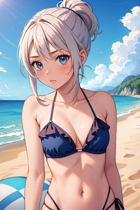 masterpiece, best quality, 1girl, <lora:valorantjett-nvwls-v1-000009:0.9> valorantJett, short ponytail, sky blue bikini, frills, looking at viewer, blush, pout, beach, blue sky