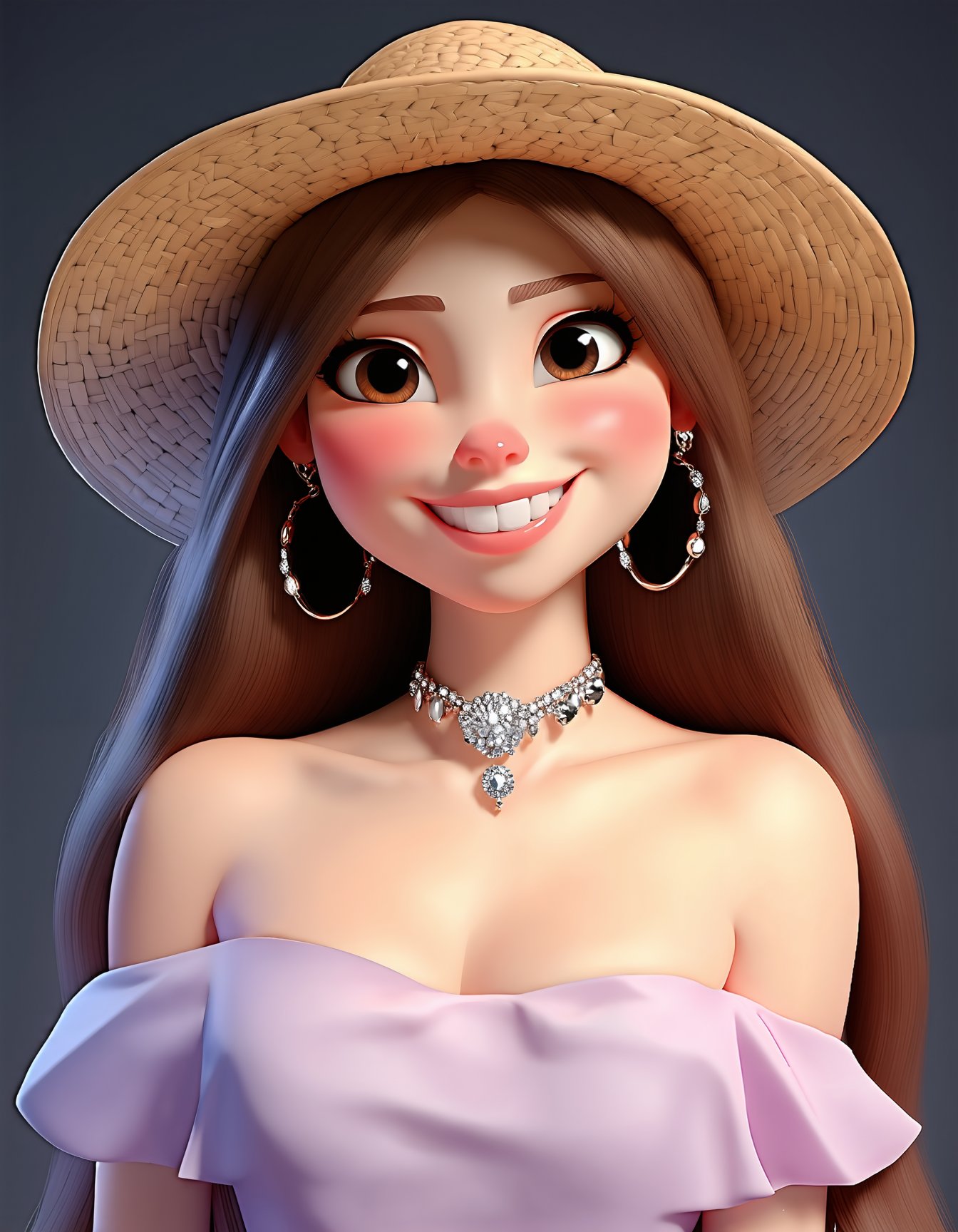 3D cartoon, cartoon style, 3D render, 1girl, long hair, looking at viewer, smile, simple background, brown hair, hat, cleavage, jewelry, bare shoulders, collarbone, upper body, earrings, teeth, off shoulder, grin, black eyes, lips, realistic, straw hat, SD3_cartoon_ep10.safetensors