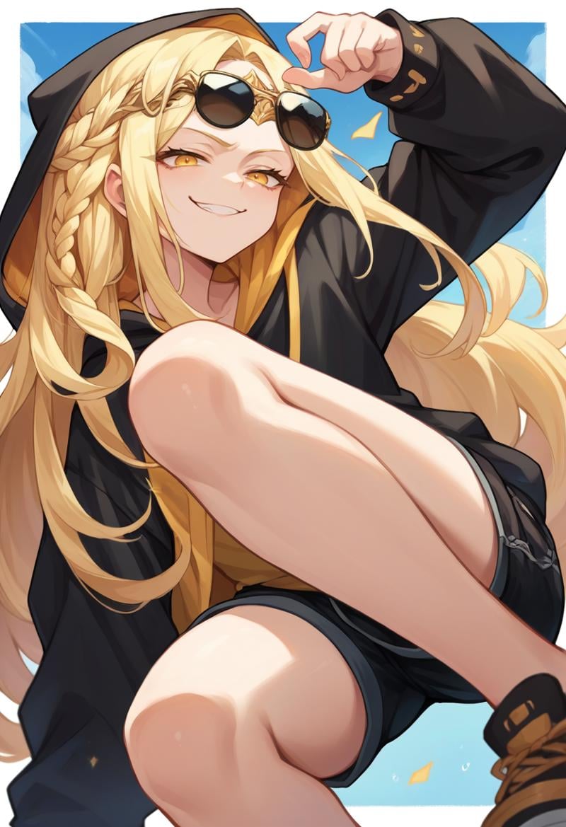 score_9, score_8_up, score_7_up, source_anime, <lora:wrenchEldenRingSoteMiquella:1>, ersotemiquella, blonde hair, 1boy, braid, long hair, yellow eyes, circlet, hoodie, black hoodie, tinted glasses, sunglasses, smug, black shorts, thighs, 