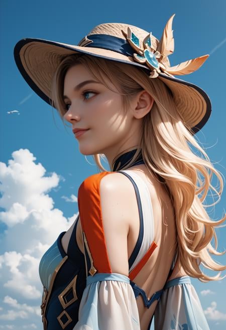 navia \(genshin impact\), 1girl, backless outfit, bare shoulders, blonde hair, blue eyes, blue sky, closed mouth, cloud, cloudy sky, from side, hat, light smile, long hair, looking afar, profile, sky, solo, upper body Score_PnyReal