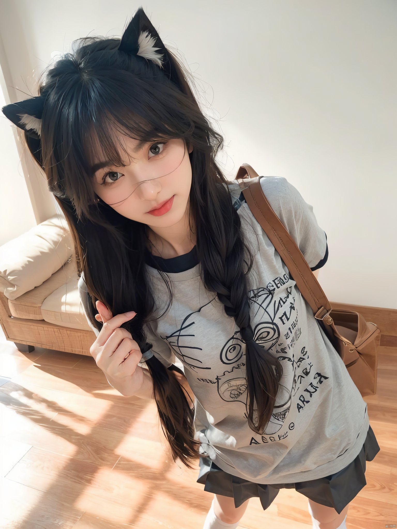 1girl, solo, long hair, looking at viewer, smile, skirt, shirt, black hair, sitting, school uniform, white shirt, short sleeves, socks, black eyes, head tilt, plaid, kneehighs, cosplay, plaid skirt, ground vehicle, black socks, hand on own face, realistic, hand on own cheek,JK_style,moyou<lora:EMS-14530-EMS:1.000000>, <lora:EMS-64586-EMS:0.800000>