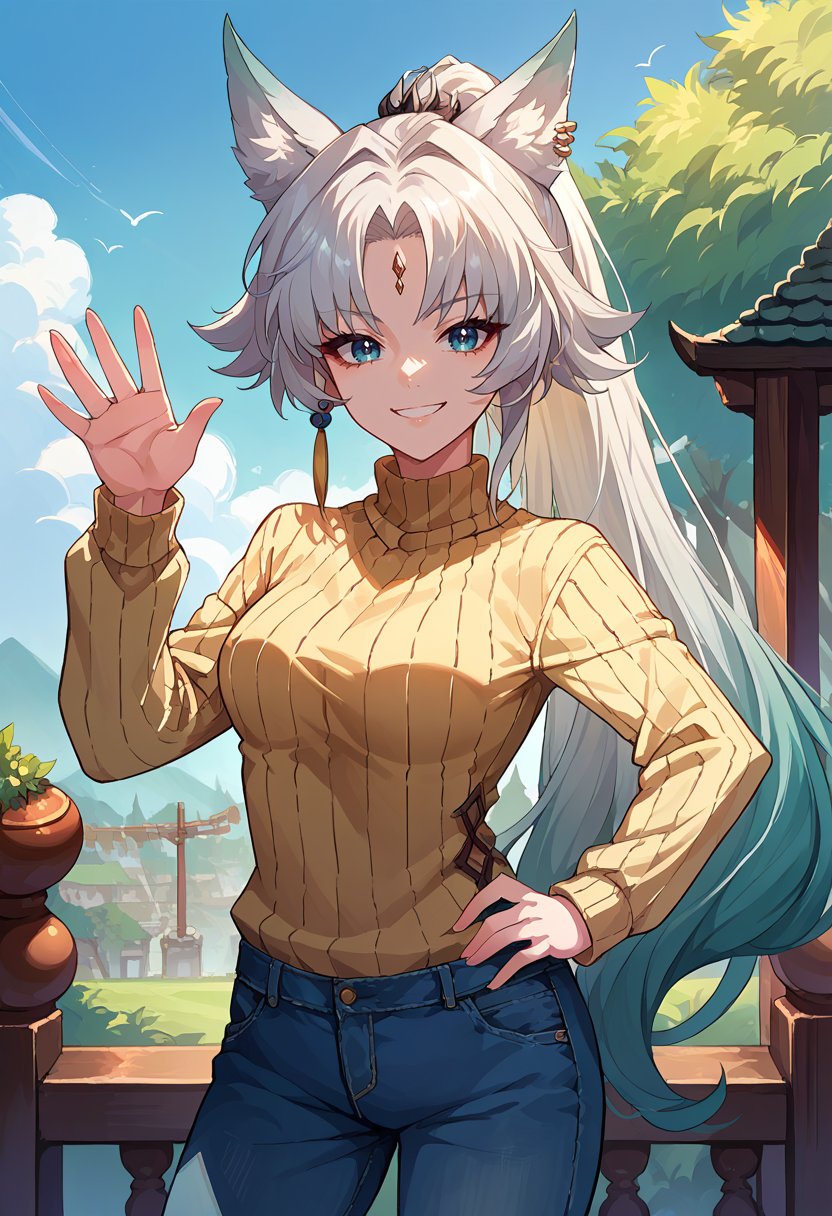 score_9, score_8_up, source_anime, 1girl, solo, Feixiao, animal ears, long hair, ponytail, gradient hair, white hair, blue eyes, forehead jewel, ear piercing, hair ornament, outdoors, sweater, ribbed sweater, jeans, hand on hip, waving at viewer, smile, <lora:ChamFeixiaoPonyXL:1>