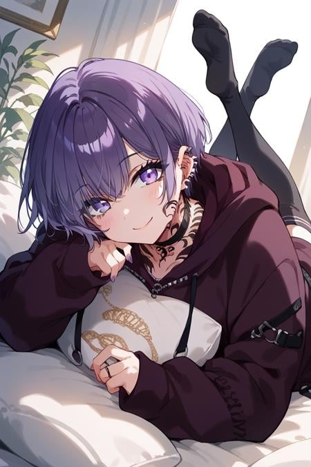 score_9, score_8_up, score_7_up, score_6_up, 1girl, solo,<lora:Sophia:0.9> sophia, piercing, hoodie, purple eyes, tattoo, on stomach, ear piercing, lying, hood, thighhighs, looking at viewer, jewelry, smile, short hair