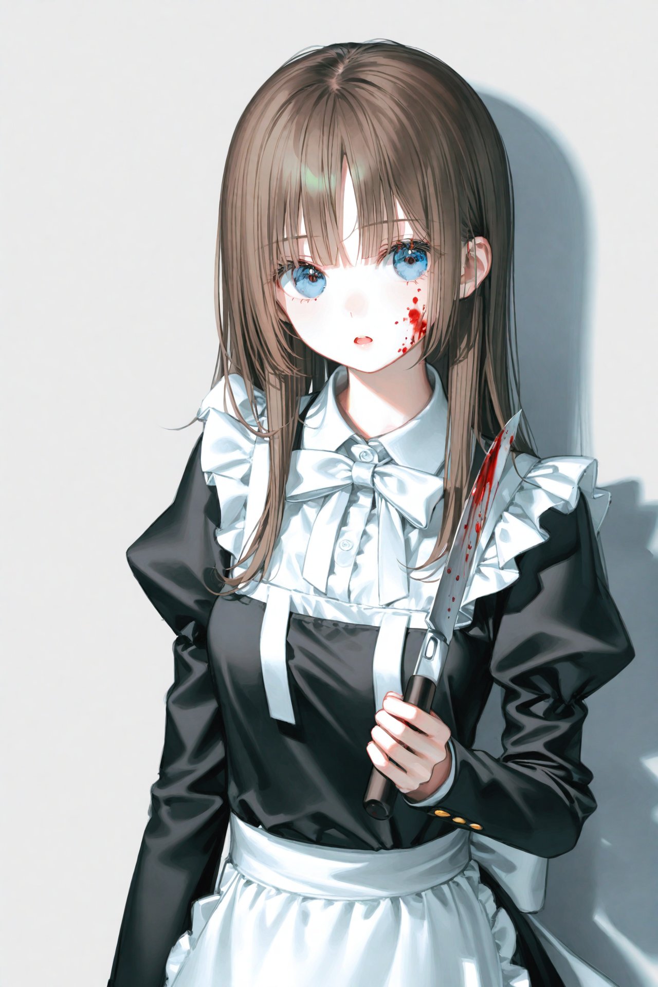 masterpiece,best quality,illustration,ultra detailed,hdr,Depth of field,(colorful),[iumu],[Artist chen bin],Artist roha, 1girl, solo, holding, long hair, blue eyes, blood, apron, knife, looking at viewer, maid, brown hair, blood on face, long sleeves, holding knife, dress, black dress, bow, shadow, juliet sleeves, white bow, maid apron, weapon, white bowtie, puffy sleeves, white apron, open mouth, blood on clothes, bowtie, holding weapon, simple background, breasts, jewelry, parted lips, upper body, off shoulder