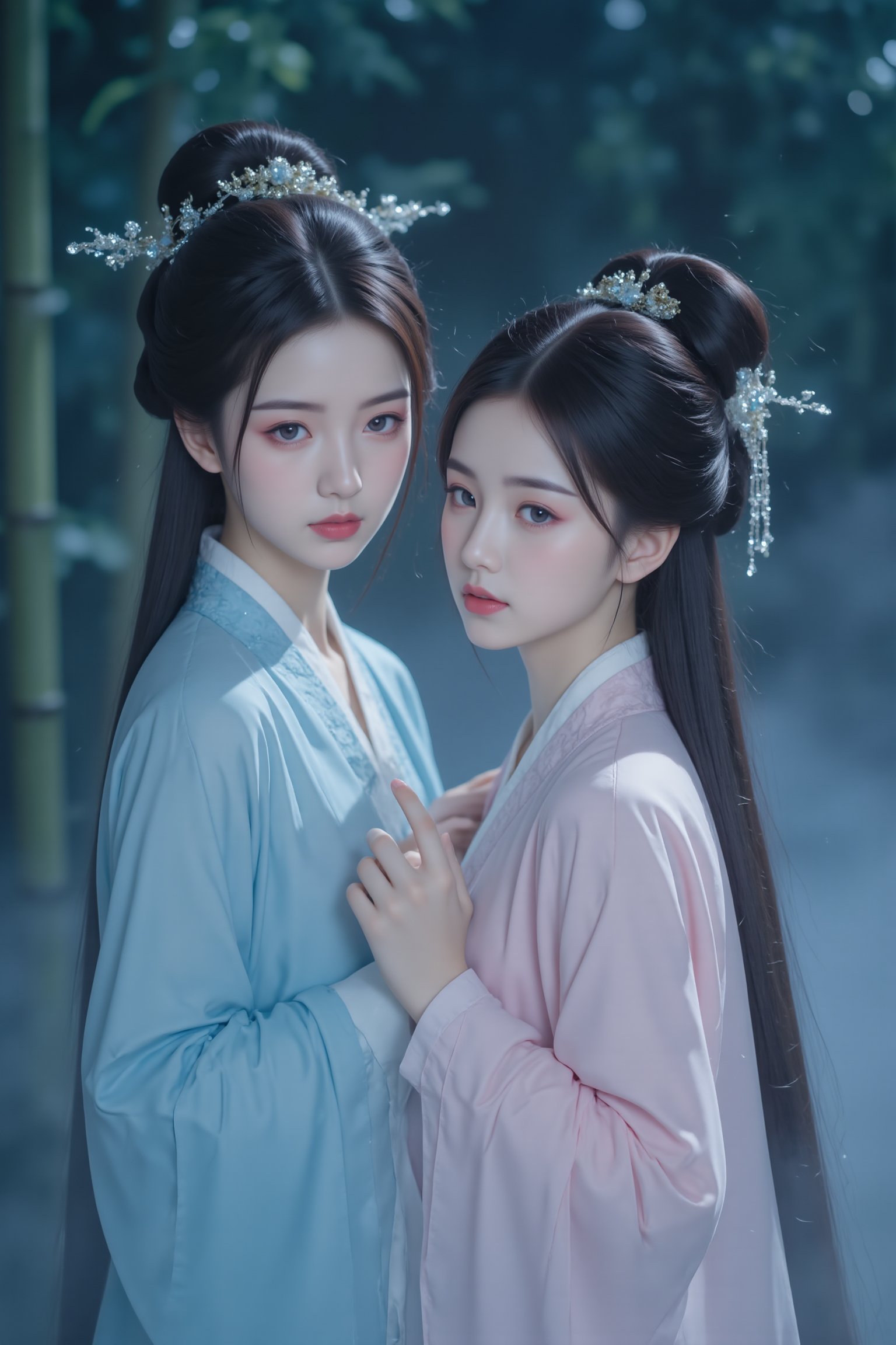 Traditional Chinese art style, two girl in hanfu, one in light blue and the other in pink, standing in a bamboo forest at night, intricate hair ornaments, serene expression, soft lighting, misty atmosphere, ancient dynasty ambiance.<lora:极品超模V8_2.0:0.8>