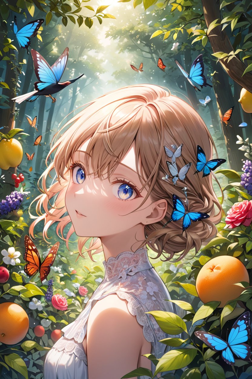 portrait, masterpiece, best quality, ultra-detailed, floating, beautiful detailed eyes, detailed light, fruits, flowers, colorful, garden, colorful background, forest, bird, butterfly, <lora:detail:0.6>