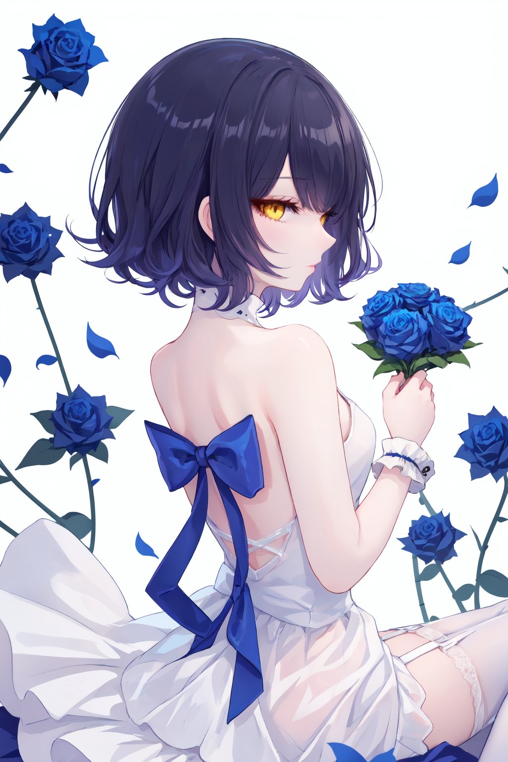 1girl,solo,thighhighs,blue flower,white background,blue rose,flower,looking at viewer,white dress,backless outfit,garter straps,white thighhighs,bare shoulders,from side,hair flower,bow,wrist cuffs,rose,backless dress,hair ornament,short hair,profile,legs up,bangs,simple background,yellow eyes,blue bow,petals,sitting,small breasts,bare arms,she style,ths97f,65setutyh4,ae45ngol4,