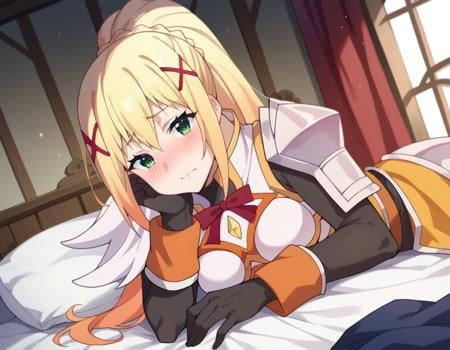 score_9, score_8_up, score_7_up, source_anime,lalatinadustinessford, <lora:lalatina-dustiness-ford-s2-ponyxl-lora-nochekaiser:1>,darkness \(konosuba\), long hair, green eyes, blonde hair, hair ornament, ponytail, braid, x hair ornament,gloves, armor, bodysuit, shoulder armor, armored dress,indoors, bed, bed room, on side, blush, drunk,looking at viewer, dutch angle, cowboy shot,