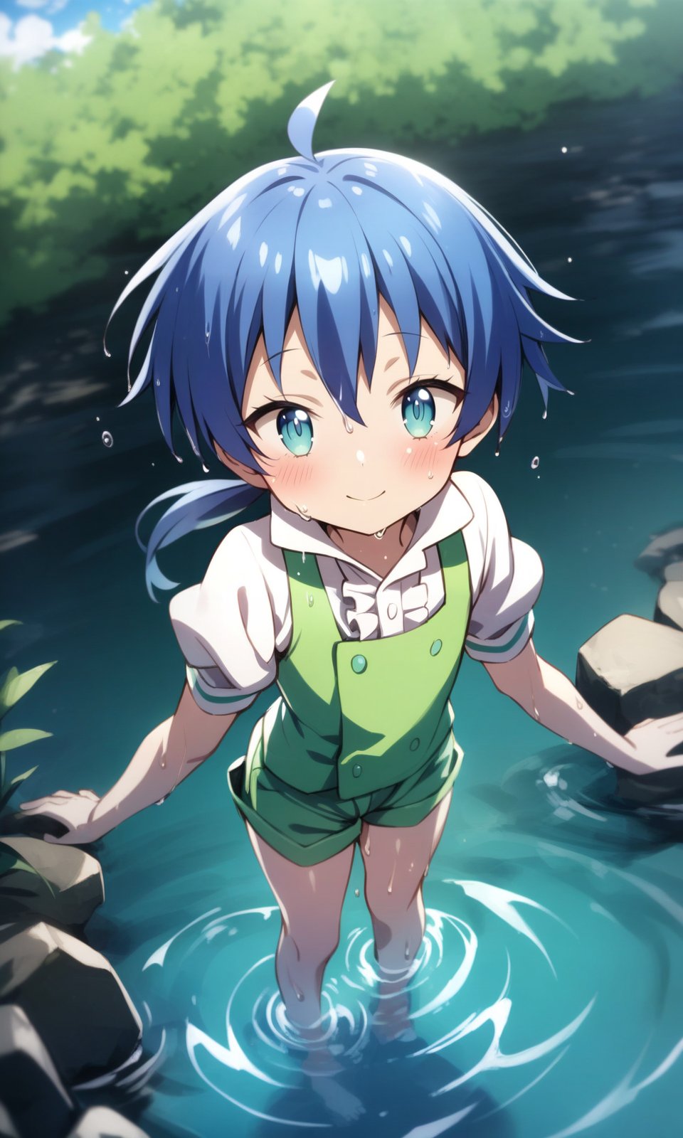 solo, 1boy, lloyd, aqua eyes, blue hair, short hair, low ponytail, shiny hair, shiny skin, green vest, white shirt, puffy short sleeves, green short shorts, barefoot, wet, dripping, standing, looking at the water, open smile, partially submerged, happy, blush, day, outdoors, riverbank, sun, cloud, masterpiece, best quality, very aesthetic, absurdres, <lora:LloydDeSaloum_XL:1> 