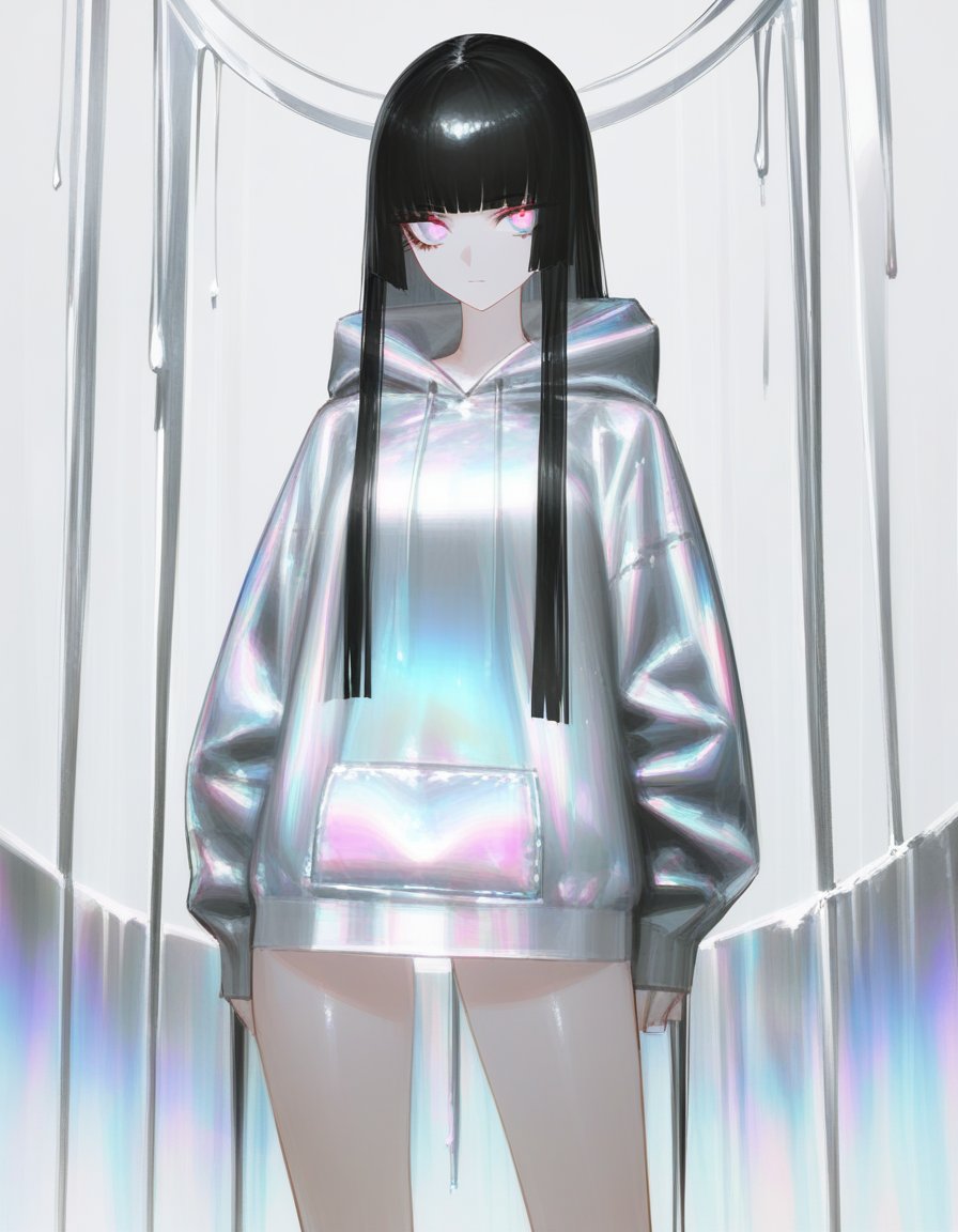 best quality, masterpiece, absurdres, fashion, standing, (iridescent:1.3) melting hoodie, thighs, by reoen, by rsef, by au \(d_elete\), 1girl, black hair, hime cut, stone