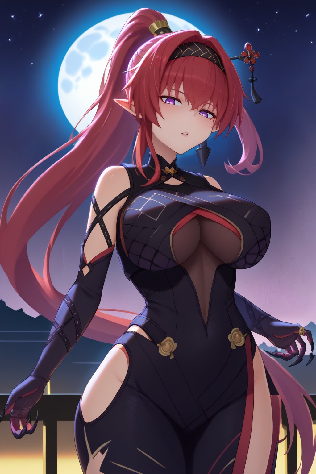 score_9, score_8_up, score_7_up, source_anime BREAK solo, 1girl, yinlinwuwa, red hair, purple eyes, long hair, ponytail, pointy ears,hairband, hair ornament, dress, black dress, gloves, black gloves, elbow gloves, claw ring,large breasts, wide hips,looking at viewer, parted lips, dark, darkness, purple sky, night, moon, fantasy, isekai<lora:EMS-380942-EMS:1.000000>